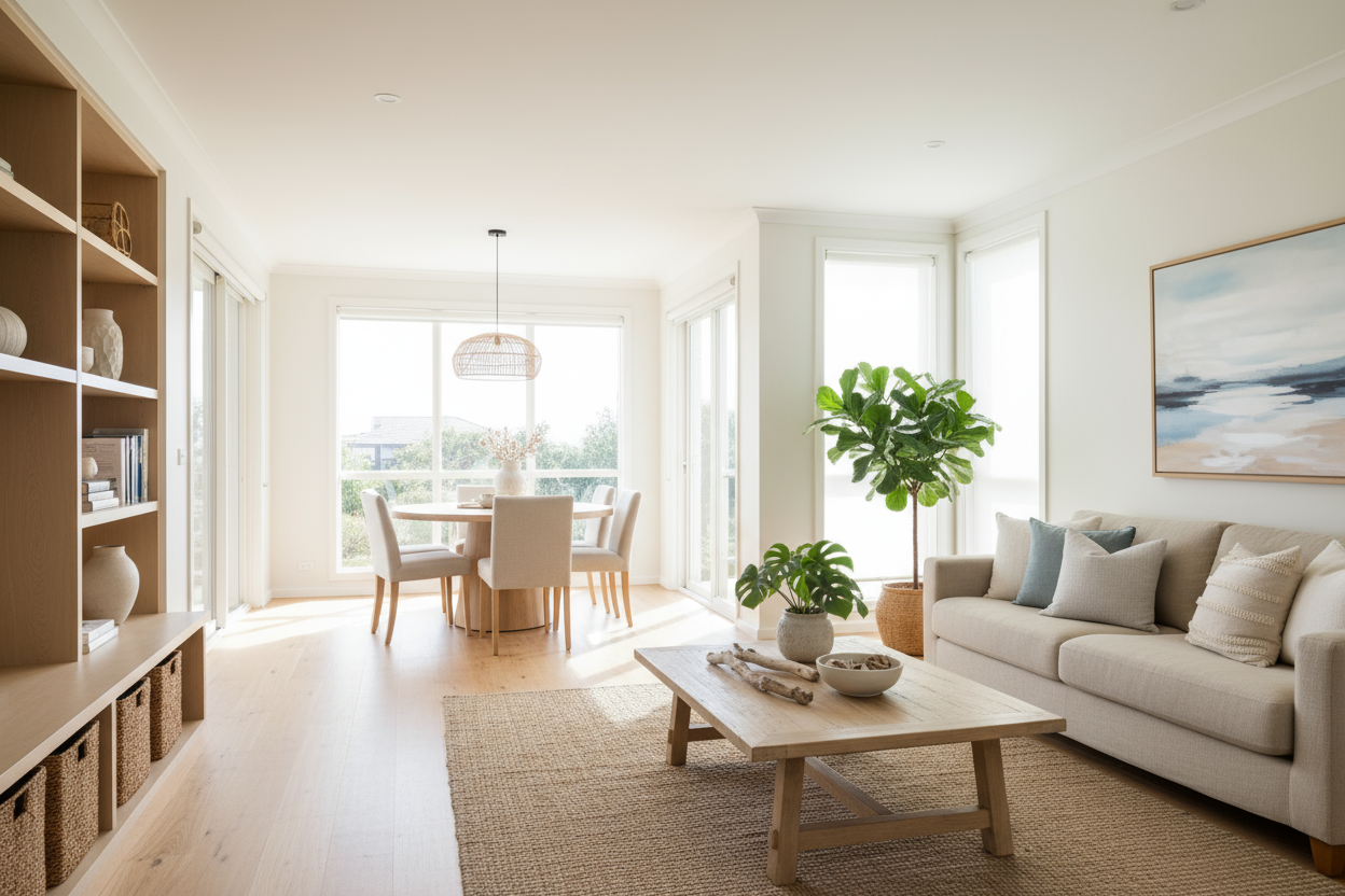 A freshly decluttered, modern Australian home interior that feels calm, warm, and inviting. Featuring soft natural light, neutral tones, cozy textures, and a clean, minimalist layout, this space reflects the relaxed and welcoming atmosphere of an average Australian household. Perfect balance of comfort and simplicity, showcasing a peaceful, lived-in environment designed for everyday harmony.