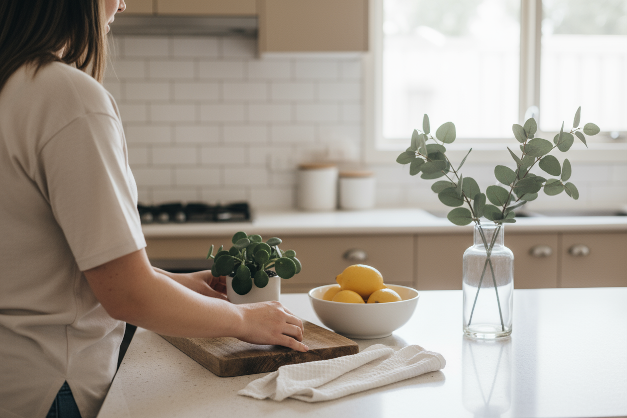 A homeowner is redecorating her kitchen, following suggestions from Prep To Sell to stage her home before an open house.